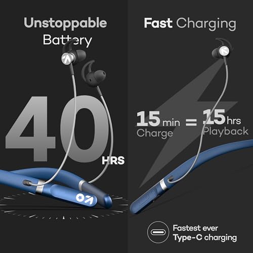 Image of GOBOULT ZCharge Bluetooth Earphone 40H Playtime, DualPairing Neckband, Zen ENC Mic, Type-C Fast Charging(10Min=15Hrs),Biggest 14.2mm Bass Driver IPX5 Premium Silicone Neck Band(Blue)