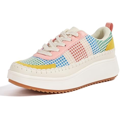LUCKY STEP Damen-Plateau-Sneaker mit Strasssteinen, Modisch Klobig Lässig Funkelnd Retro-geflochtene Walking Schuhe (Rosa/gelber Multistrick, 8.5US-39EU-6UK)