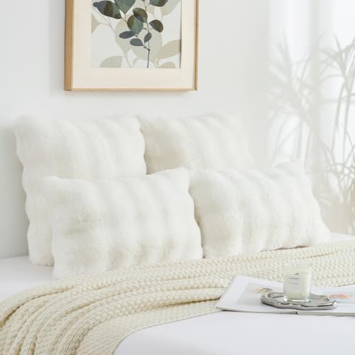 FUTEI Cream White Decorative Throw Pillow Covers 18x18 Inch Set of 2,Soft Fuzzy Faux Rabbit Fur Cushion Covers with Raised Texture,Neutral Boho Home Decor for Couch Bed Living Room