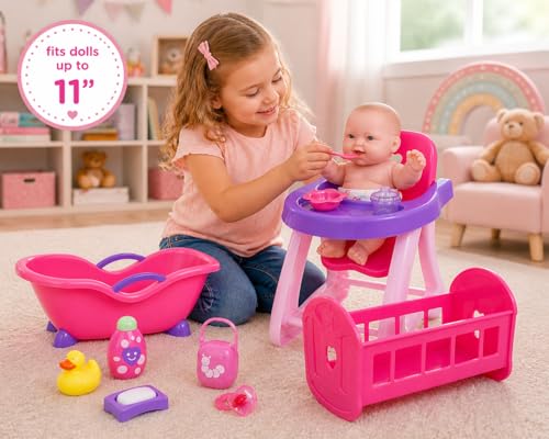 Miniatura 2 de Jc Toys- Set De 3 Piezas Para Muñecas, Bañera, Silla Alta De Comer, Cuna Mecedora Y 9 Accesorios, Muñecas Hasta 28 Cm, Ideal Para Jugar, Rosa, Diseñado Por Berenguer, 2 Años