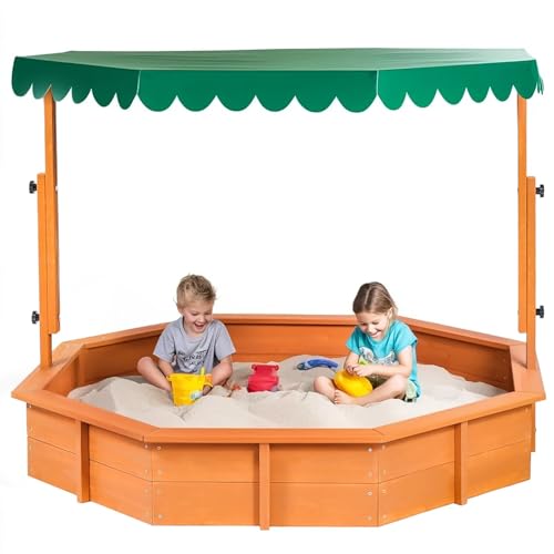 Sandbox with Lid Wood Toddler Sand Boxes with Canopy for Backyard Garden Octagonal Sandbox with Cover Outdoor Playhouse with Adjustable Lid for Aged 3-10 Years Old