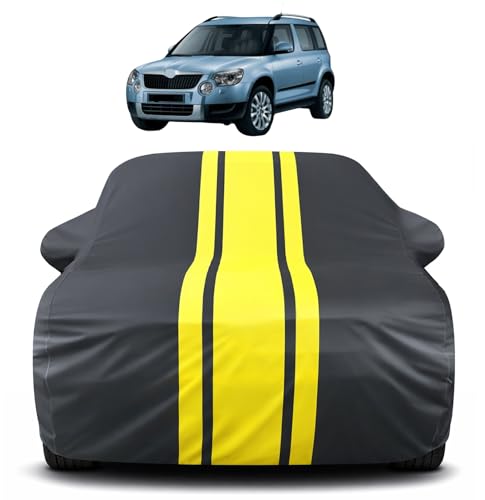 Image of Auto Hub Car Cover Compatible with Skoda Yeti with Mirror Pocket, Soft Cotton Lining, Yeti Car Cover Waterproof - Yellow-Black