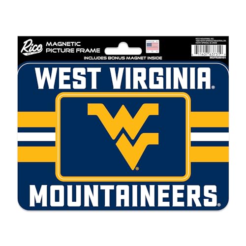 Rico Industries NCAA West Virginia Mountaineers Stripes Magnetic Picture Frame (5"x6.75") & Magnet Combo Set - Home Décor - Regrigerator, Office, Kitchen