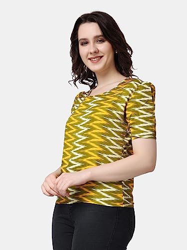 Image of POPWINGS Casual Printed Puff Sleeves Round Neck Top for Women || Stylish Summer Tops for Women || Hip-Length Women Top