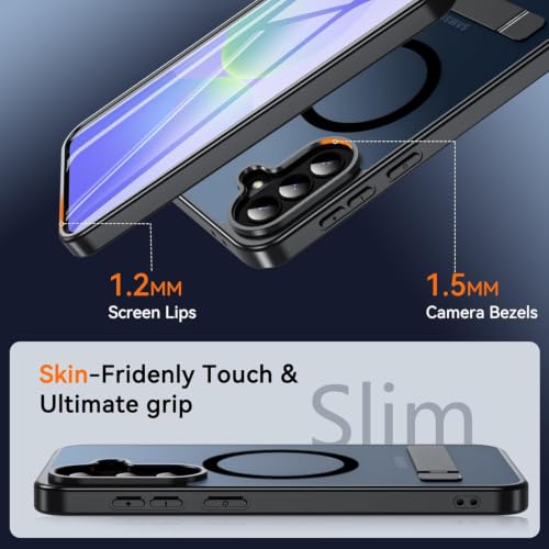 Image of Elzzi MagSafe Compatible Case for Samsung A37 Translucent Matte Bottom Kickstand Shockproof Slim Anti-Fingerprint Magnetic Hybrid Protective Cover - Black
