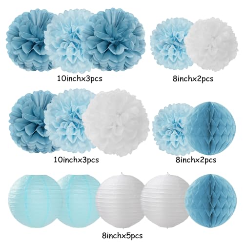 Image of Dusty-Blue White Party-Decorations Paper-Flowers Lanterns - 15pcs Birthday Baby Bridal Shower Tissue Pom Poms Streamers Honeycomb, Boy Men Wedding Bachelorette Hanging Supplies Decor Hugfond