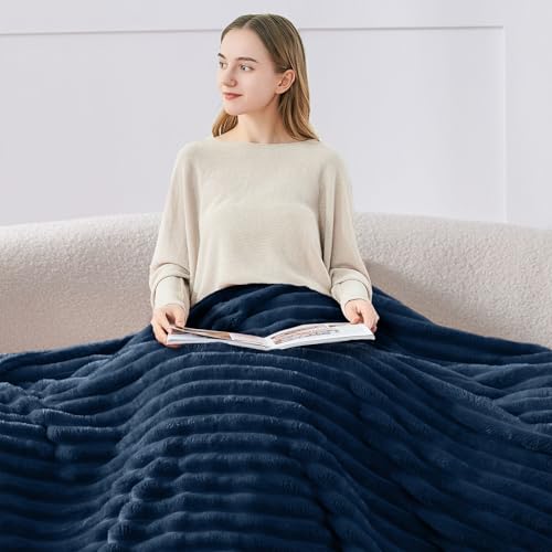 Image of BEDELITE Ribbed Twin Blanket for Couch & Bed, Navy, 60 inchx80 inch