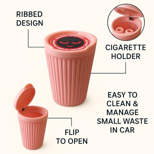 Image of Stash-Pro Retro Pink Car Ashtray | Odor-Proof Lid | 13cm Cup Holder Fit | Cute Design with Ribbed Exterior | Portable Ash Bin for Vehicles | Trash Bin