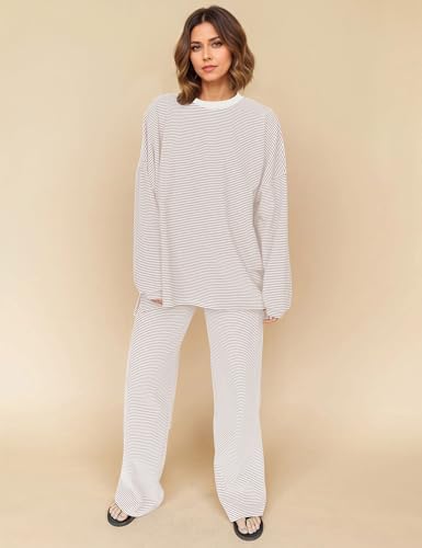 Image of MISSACTIVER Women's 2 Piece Striped Lounge Set Long Sleeve Oversized T-Shirt Wide Leg Pants Matching Pajamas Set