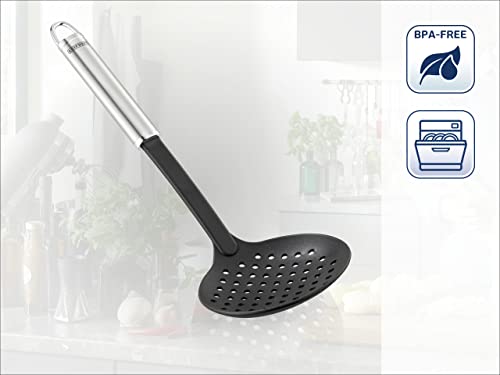 Foto von Leifheit Schaumlöffel 36 cm NylonSterling-Serie, Abseihlöffel aus rostfreiem Edelstahl und Nylon zum Kochen ohne Kratzer, Sieblöffel mit ovalem Griff, Schaumkelle mit praktischer Aufhängeöse, Silber