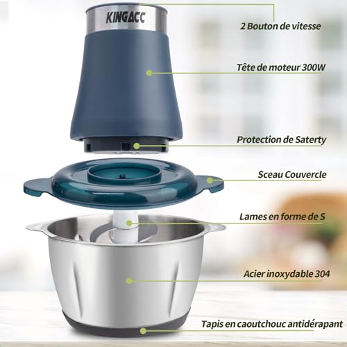 Hachoir Électrique, 300W Mixeur Hachoir 2L avec Moteur en Cuivre & Bols Acier Inox, 4 Lames Amovibles, 2 Vitesses Réglables food processor pour Viande/Légumes/Fruits/Cuisine – Image 6