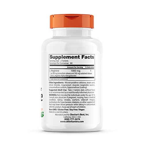 Doctor's Best Sustained Plus Immediate Release L-Arginine, Non-Gmo, Vegan, Gluten & Soy Free, 500 Mg, Tablet, 120 Count #TOP1