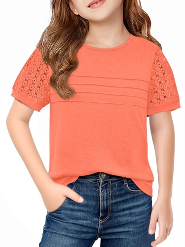 Image of Haloumoning Girls Short Sleeve T Shirts Kids Summer Lace Crewneck Tops Fashion Pleated Tees 5-14 Years