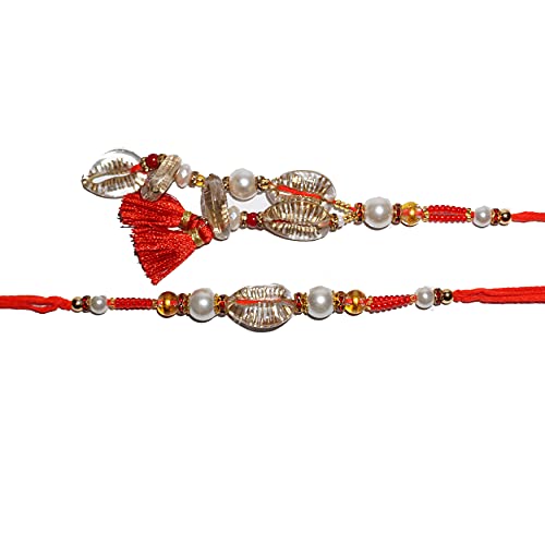 UtsaWe Rakhi Gift Box with Bhaiya Bhabhi Rakhi Set made of Cowrie Shells, Pearls, Red Tassels, Includes Roli, Chawal, Raksha Bandhan Card, Thali Set, Chocolates (Red Lumba Rakhi)3