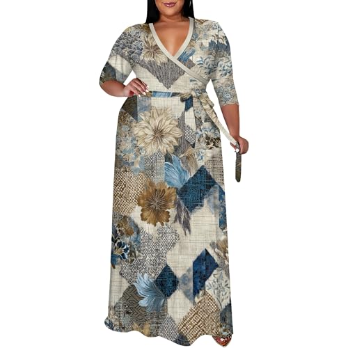Image of SUZONANA Plus Size Maxi Dresses for Curcy Women Casual Loose 3 /4 Sleeve Long Dress with Belt