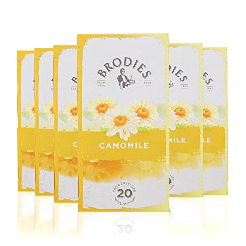 Brodies Camomile Tag and Envelope - 6 Tea Boxes of 20 Tea Bags each (Total 120 Tea Bags) - well known for its Relaxing and Sleep-inducing properties. Caffeine Free