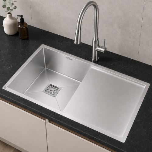 Image of ARQUIN Kitchen Sink 37x18x10 Inch Handmade Single Bowl Drain Board Matt Finish Kitchen Sink 304 Grade Stainless Steel Kitchen Sinks | Sink For Kitchen Basin Square Drainer and Adjustable Fruit Basket