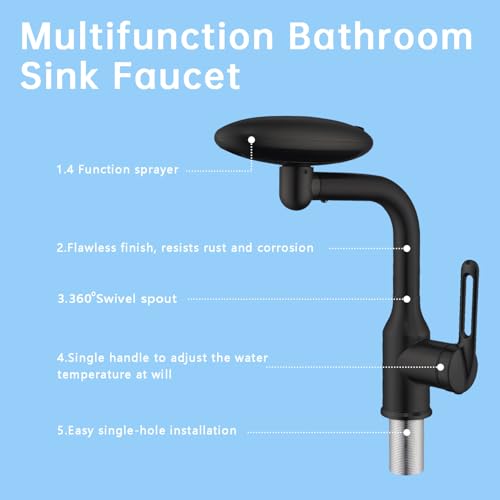 Image of Waterfall Bathroom Sink Faucet, Multifunctional Basin Faucet with 4 Water Outlet Modes Single Hole, Modern 360Rotatable Bathroom Faucet with Two Water Supply Pipes, Matte Black