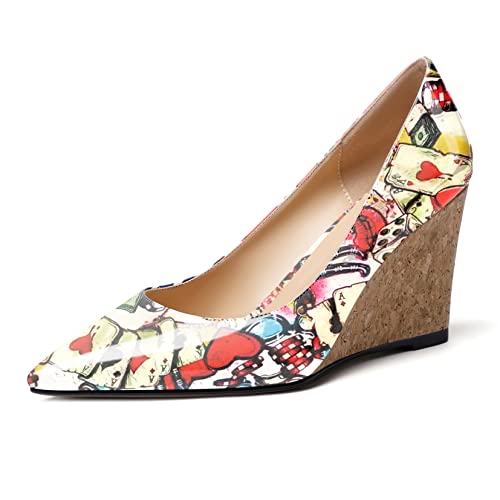Mettesally Womens Wedge Shoes Pointed Toe Cork High Heels Pumps Slip On Comfort Office Work Dress Shoes