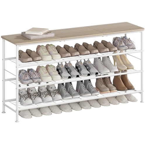 Image of SUOERNUO Shoe Rack Organizer 4 Tier for Closet Entryway Free Standing Metal Storage Shoe Shelf with MDF Top Board (White+Oak, Large 4 Tier)