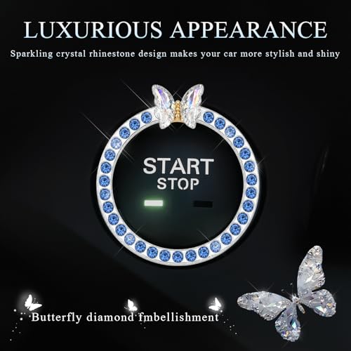 Image of DXNQ Bling Ring Emblem, Sparkling Butterfly Car Buttons and Knobs Ring, Girly Butterfly Diamond Car Engine Start Button Cover, Key Ignition Knob Rings Decoration for Women (Blue, Single Row)