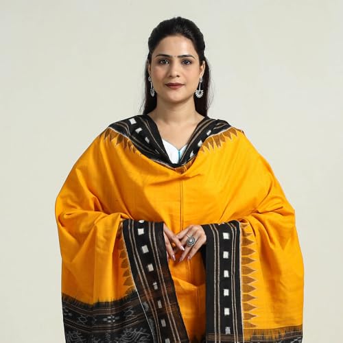 Image of Cotton Dupatta with weaving and Ikat woven border from the Weavers Stole for Girls & Women