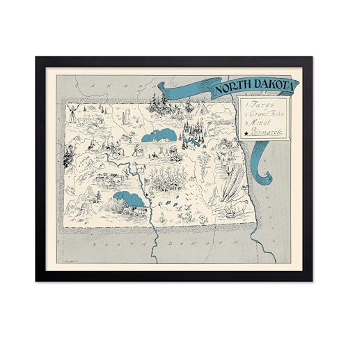 Poster Master Vintage North Dakota State Print - Retro Map Poster - Educational Art - Gift for Teacher, Student, Travel Lover - Wall Decoration for Classroom, Office, Dorm - 8x10 Black Framed