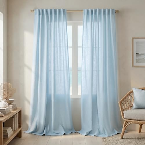 Light Blue Linen Curtains 90 Inches Long for Living Room