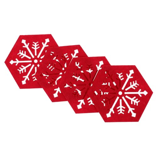VINTORKY クリスマス 六角形 雪の結晶柄 プレースマット レッド ホームテーブル装飾 カップマット 断熱マット 4枚