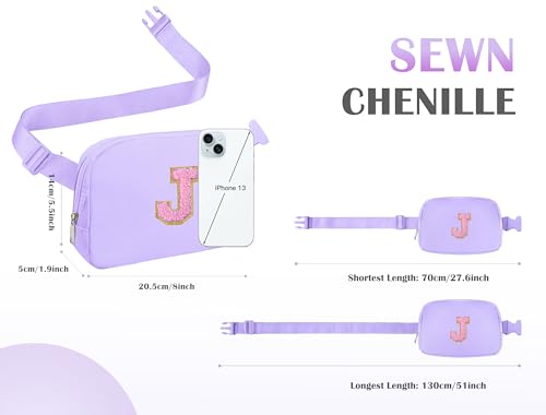 Image of COSHAYSOO Valentines Birthday Initial Gifts for Teen Girls 5 6 7 8 9 10 11 12 13 14 Year Old Purple Fanny Pack for Girls Belt Bag Crossbody Travel Purse Unique Trendy Preppy Stuff Chenille Letter J