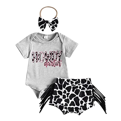 Image of Western Baby Girl Clothes Cow Print Summer Short Sleeve Tshirt Tops Shorts Set Boho 3Pcs Outfits (I-Gray, 0-3 Months)