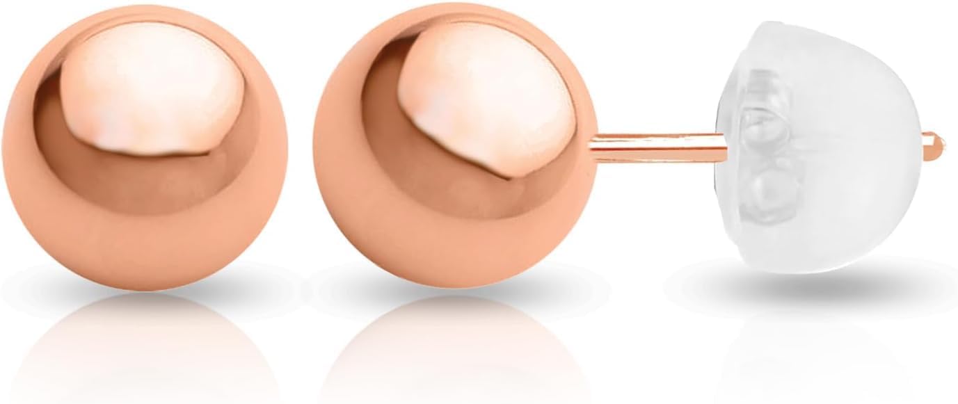 Rose Gold Ball Earrings High Polished 3MM - 8MM with 14k Rose Gold Pushbacks