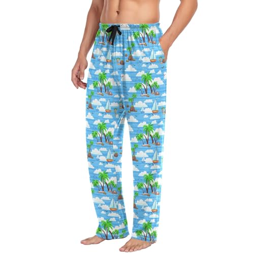 Men’s Tropical Coconut Tree Pajama Pants with Pockets, Comfortable Lounge Sleep Bottoms#1584