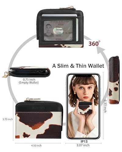Image of Small Bifold Wallets Woman RFID Mini Wallet for Women Slim Card Holder with Zipper Coin Pocket & 2 ID Windows (Cow)