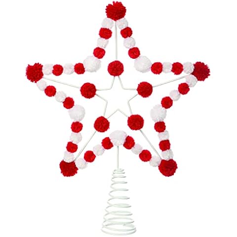 Pom Pom White Metal Star Christmas Tree Topper in Red and White 13 inches High Cover