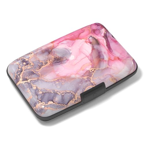 Image of Rimilak Aluminuml Credit Card Holder, Mini Credit Card Wallet RFID Blocking Slim Metal Hard Case for Women Men, Pink Flow Mable