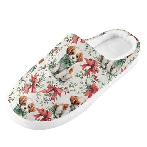 Fuzzy Memory Foam Slippers for Women/Men Dog Bow Leaf Pattern Fluffy Winter House Shoes Indoor and Outdoor