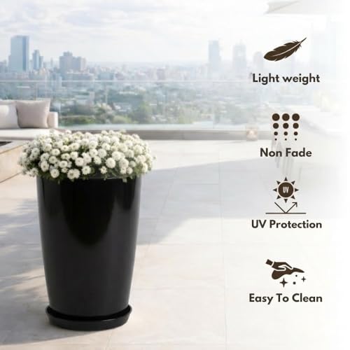 Image of Urban Upvan 18 Inch Solid Black Tower Pot with Tray - Large Round Planter for Indoor & Outdoor Plants, Durable Decorative Plant Container (Pack of 1)