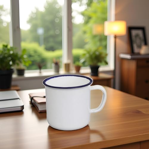 Jizlan White Enamel Coffee Tea Mug, Enamel Drinking Mugs Cups for Home/Office/Travel/Camping, Resusable & Portable Camping Mugs Coffee Mug for Indoor Outdoor Activities