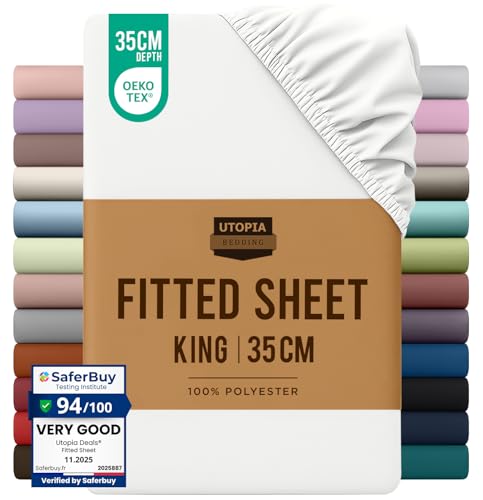 Utopia Bedding Fitted Sheet King White - Deep Pocket 14 inch (35 cm) - Easy Care - OEKO-TEX Certified - Soft Brushed Microfibre Fabric - Shrinkage and Fade Resistant - Bottom Sheet