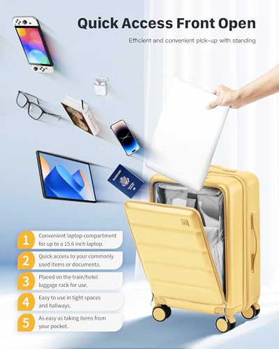 20 IN Carry On Luggage 22x14x9 Airline Approved - Front Pocket Hardside Travel Suitcase Unbreakable -with Cup Holder,Charging Port,Side Pothook, 360°Spinner Wheels, TSA Lock-Yellow2