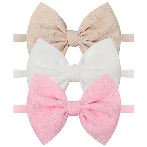 Image of YanJie Baby Girls 4.5" Nylon Headbands, Handmade Hair Bows Hairbands Hair Accessories for Newborn Infant Toddlers Kids, 3 Pieces, Light Pink/White/Beige