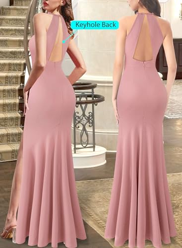 Image of VFSHOW Womens Formal Halter Keyhole Back Prom Gala Maxi Dress Evening Gown | Sexy Illusion Sweetheart Neck, High Slit, Wedding Guest, Applique, Twist Front Mermaid Dresses