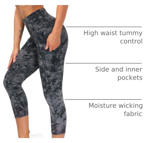 Image of THE GYM PEOPLE Thick High Waist Capris Yoga Pants with Pockets, Tummy Control Workout Running Yoga Leggings for Women