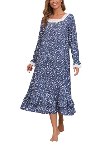 Rubehoow Camisón victoriano vintage de manga larga para mujer, vestido de pijama de algodón suave, ropa de dormir S-3XL, Flroal blanco, M
