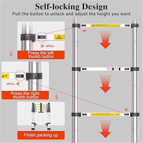 Image of Telescoping Ladder, 8.5 FT Aluminum Extension Ladder, 330 Lbs, Silver | Telescopic & Retractable, Collapsible Extendable Ladder for House, Roof, RV & Travel Trailer