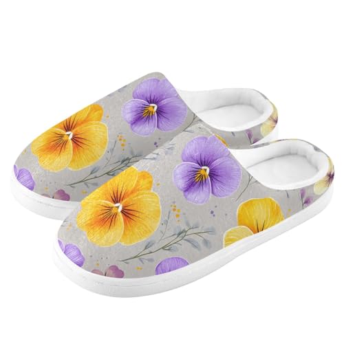 JUNZAN Cartoon Pansy Gray Women Cotton Slippers Soft Memory Foam Bedroom Shoes for Hotel Birthday Presents 6-74