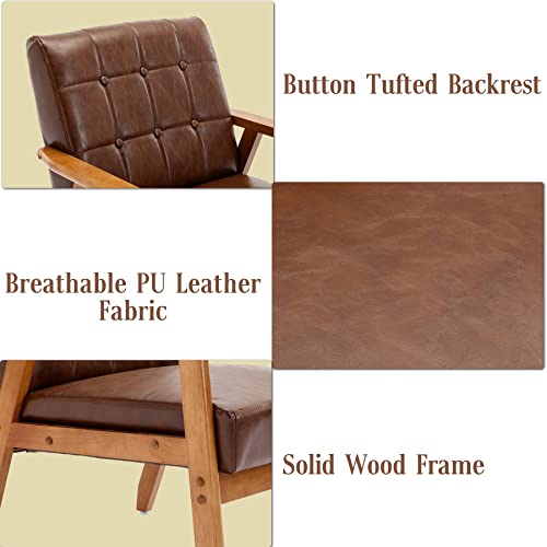 Olela Accent Chair With Wood Frame Mid-Century Modern Armchair, Button Tufted Side Chair Faux Leather Fabric Comfy Corner Chair For Living Room, Bedroom, Apartment, Brown-Leather #TOP3