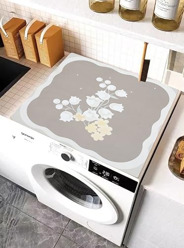 Image of Homecloud Washing Machine Mats for Top of Washer, Washing Machine Protective Mats, Dish Drying Mat, Non-slip Waterproof Washer Dryer Dust Cover Mat for Laundry & Kitchen (60cm x 60cm) (Brown Flower)