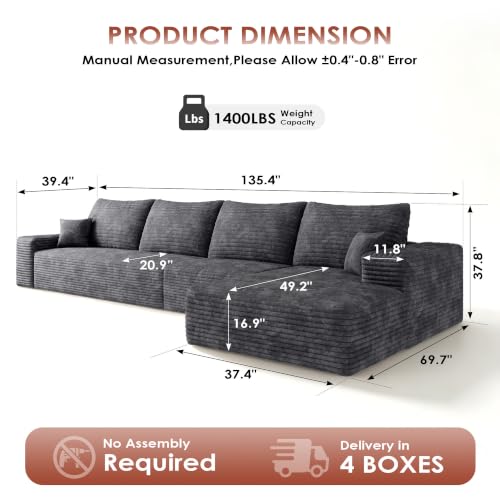 Image of Boneless Couch, Modular Sectional Couches for Living Room, U-Shaped Cloud Couch Sofa with Deep Seat, Fluffy Corduroy Upholstered Corner Sofa